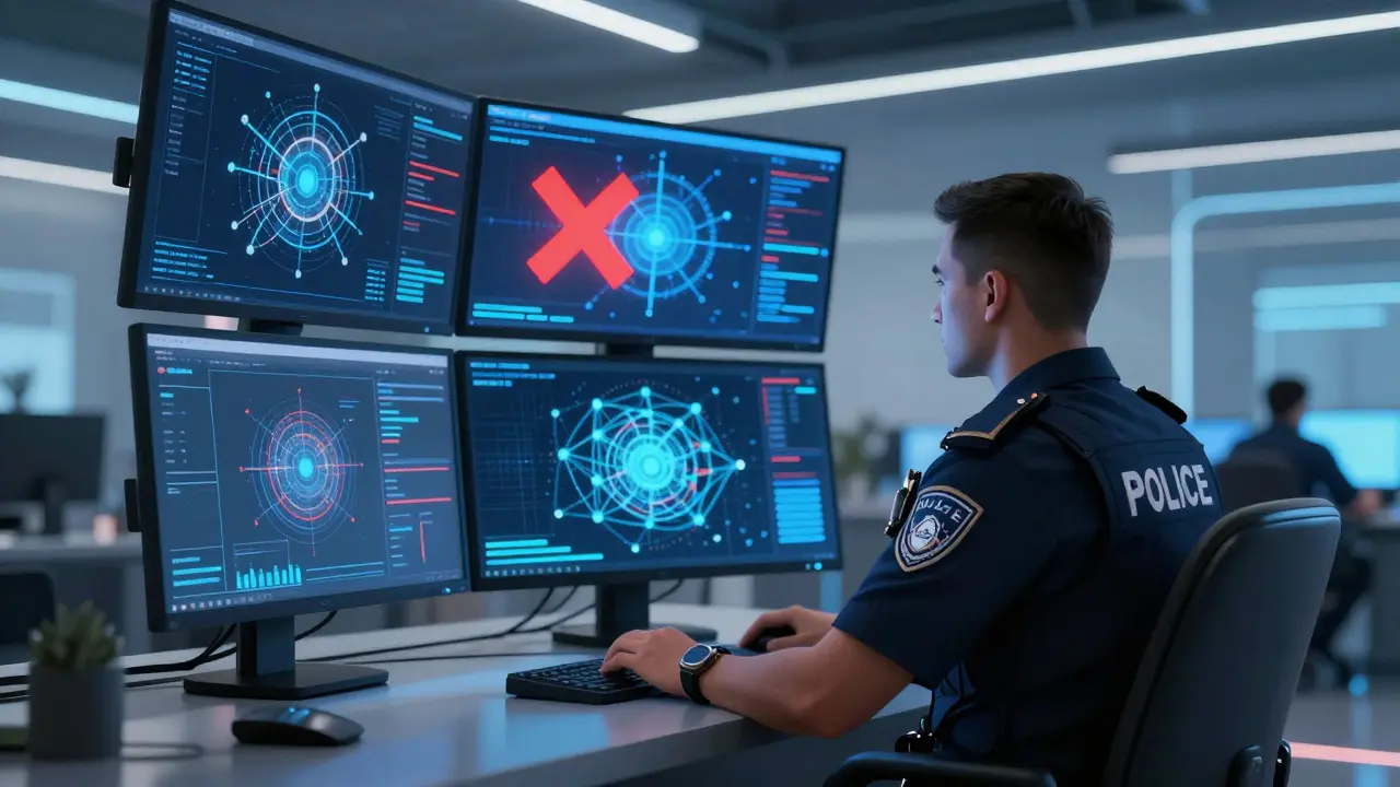 Police monitoring abstract data streams with red X symbol