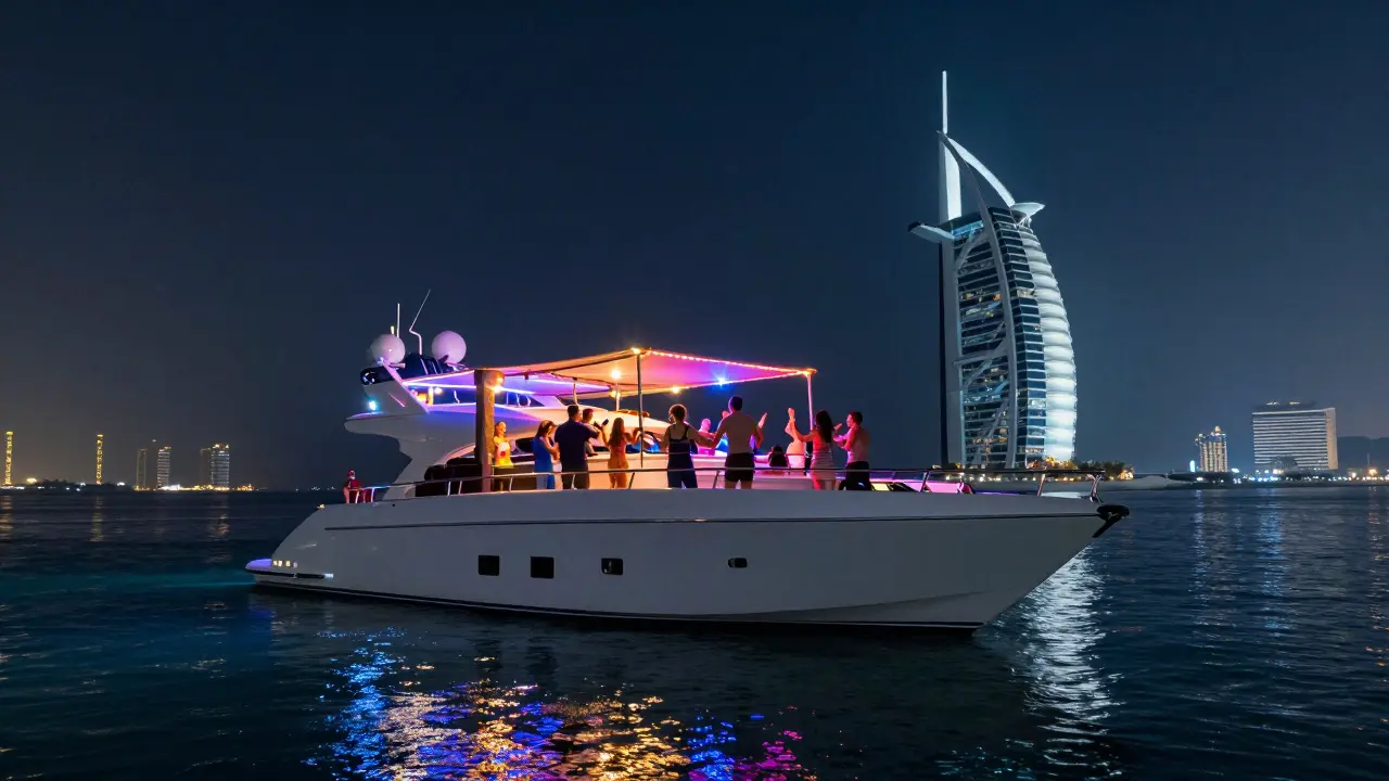 Private yacht party at night sailing past Burj Al Arab with city lights reflecting on water
