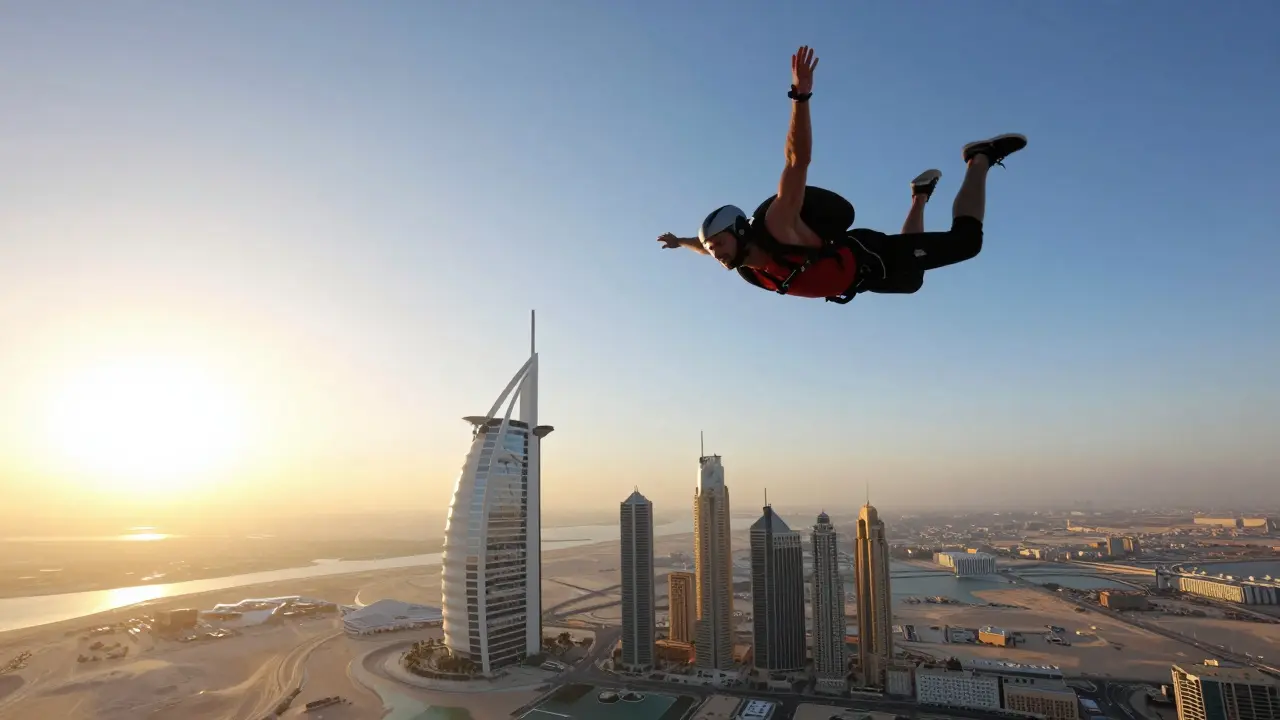 Skydivers over Dubai landmarks during sunrise freefall.