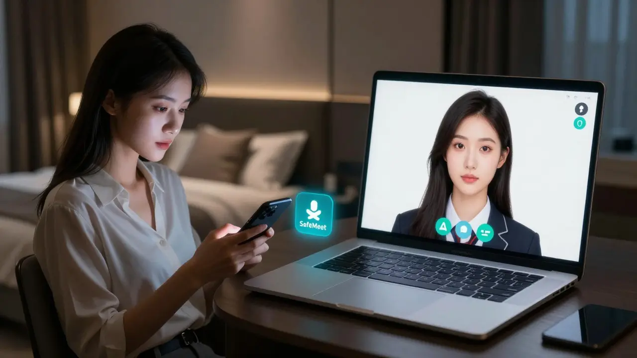 Split-screen view of a woman using a burner phone and undergoing AI facial verification on her laptop for a private service.