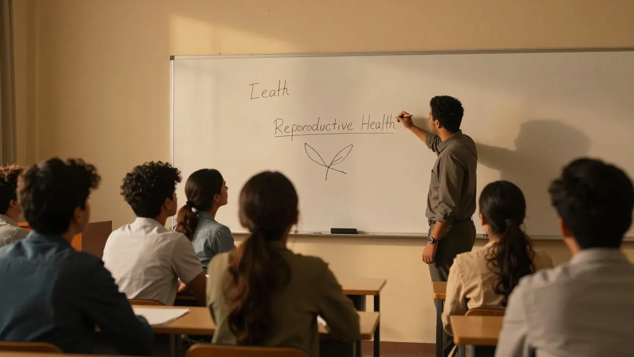 Students in a Dubai university lecture hall listening intently as a professor teaches sexual health.