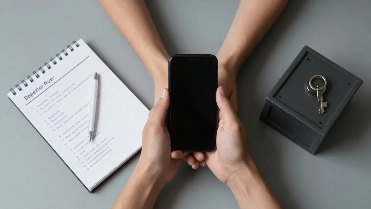 Three hands holding a phone, notepad, and key, symbolizing safety, planning, and security.