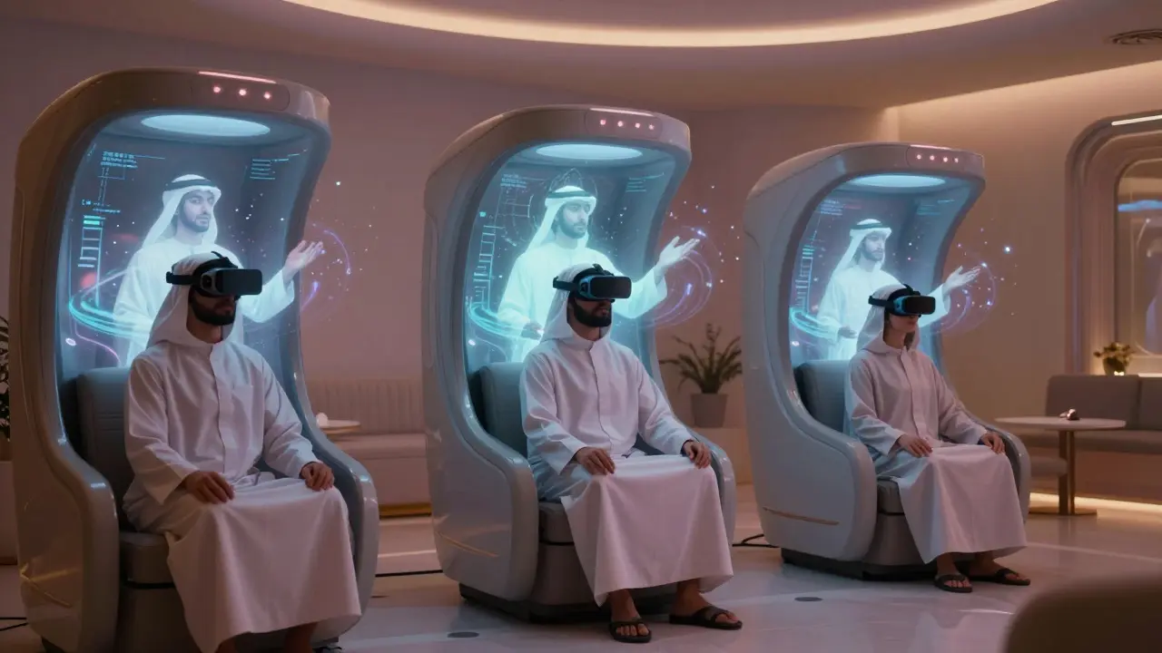 Three people in a futuristic VR lounge experiencing a calming AI-generated performer through soft holographic projections.