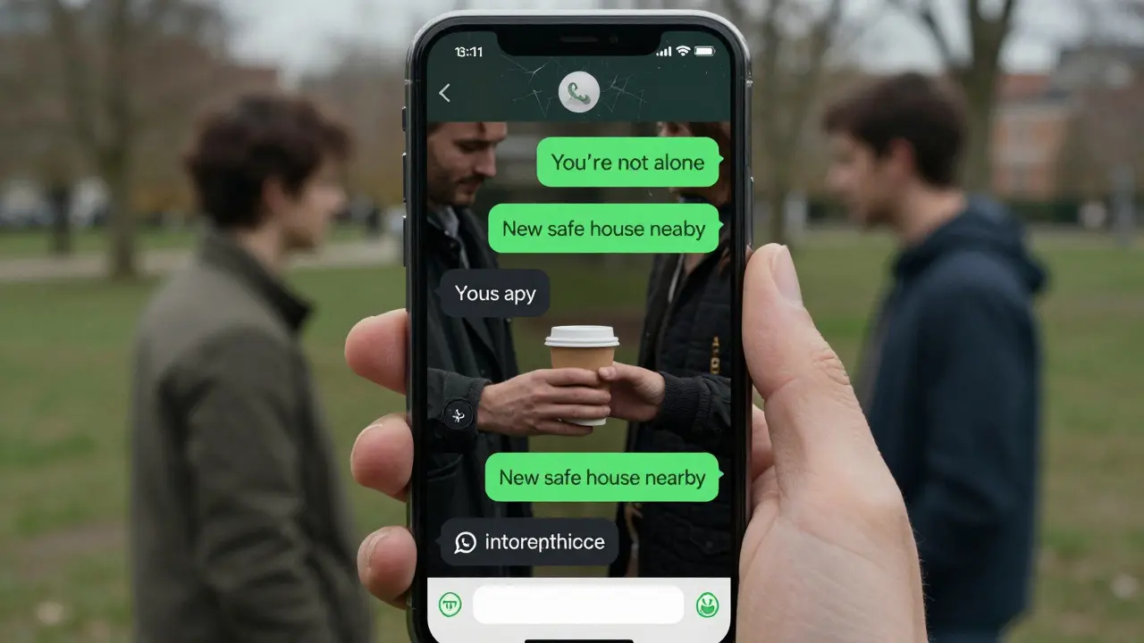 Three people meet discreetly in a park, exchanging quiet support, as a secret WhatsApp chat on a phone shows messages of solidarity.