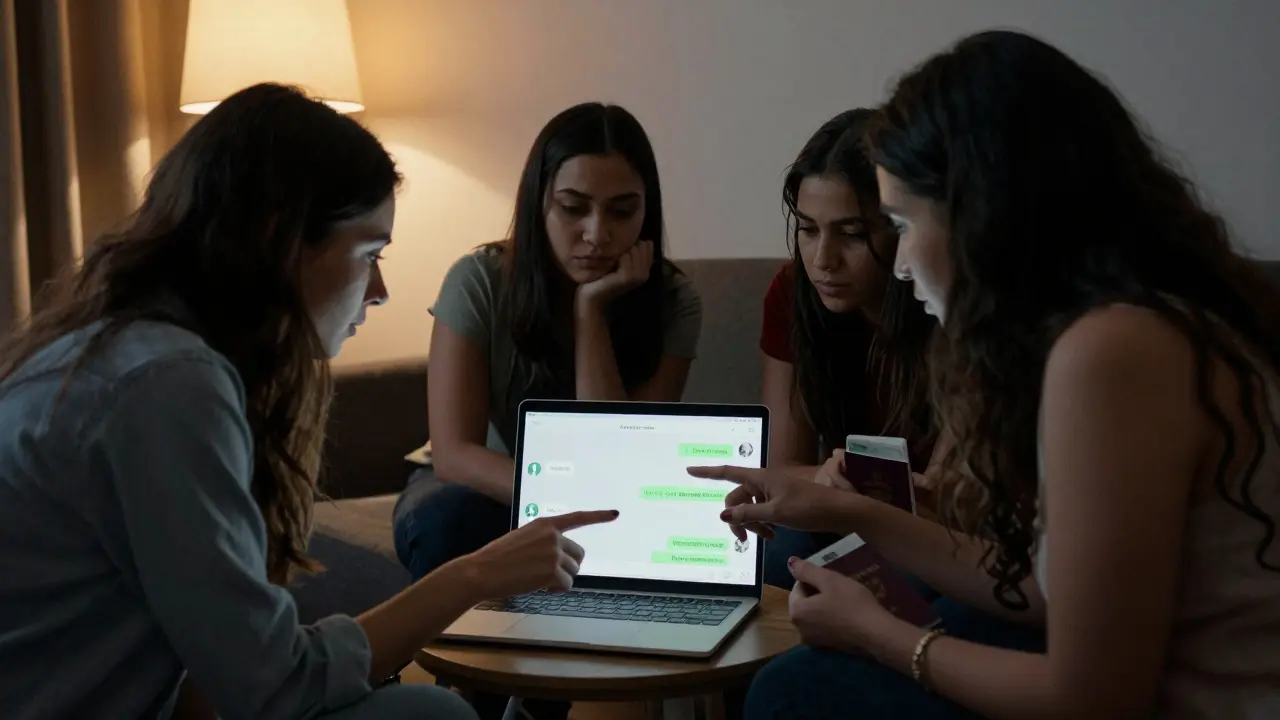 Three women from different countries examine a chat on a laptop, confused by euphemistic language about services.