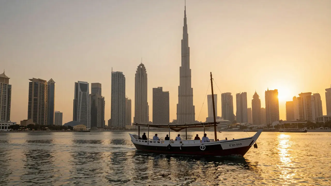 Traditional dhow boat at sunset with Dubai's modern skyline reflecting on Creek waters.