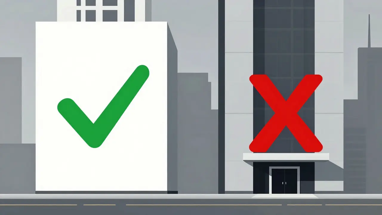 Two Dubai buildings with green checkmark and red X symbols