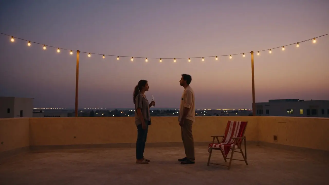 Two people on a rooftop terrace at dusk, standing apart with fairy lights above, distant city lights below, no touching.
