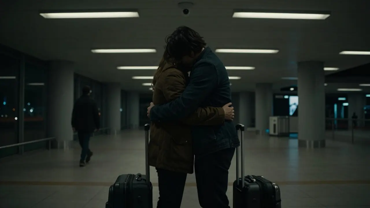 Two travelers freeze in an airport terminal, about to be caught in a private moment, a security camera glints above them under harsh lights.
