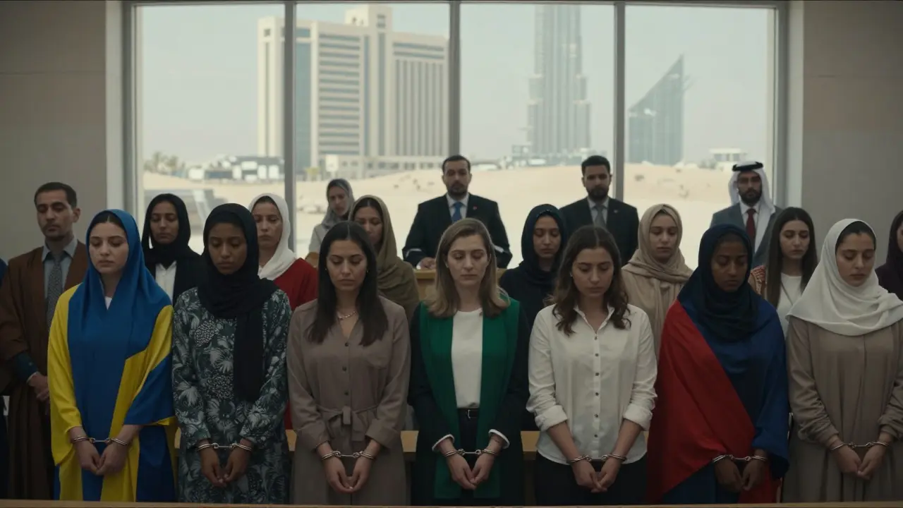 Women from different countries stand shackled in a Dubai courtroom, surrounded by the blur of luxury skyscrapers outside.