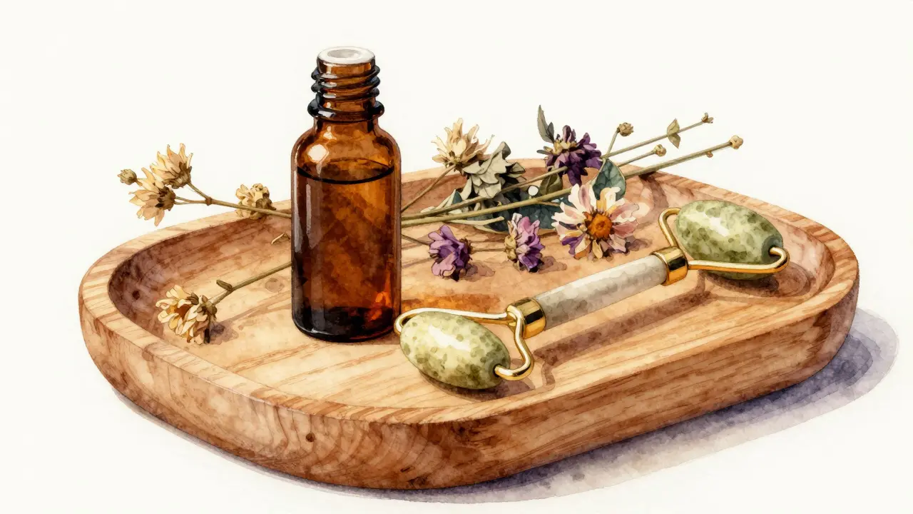 Wooden tray with herbal oils and stone roller for traditional therapy