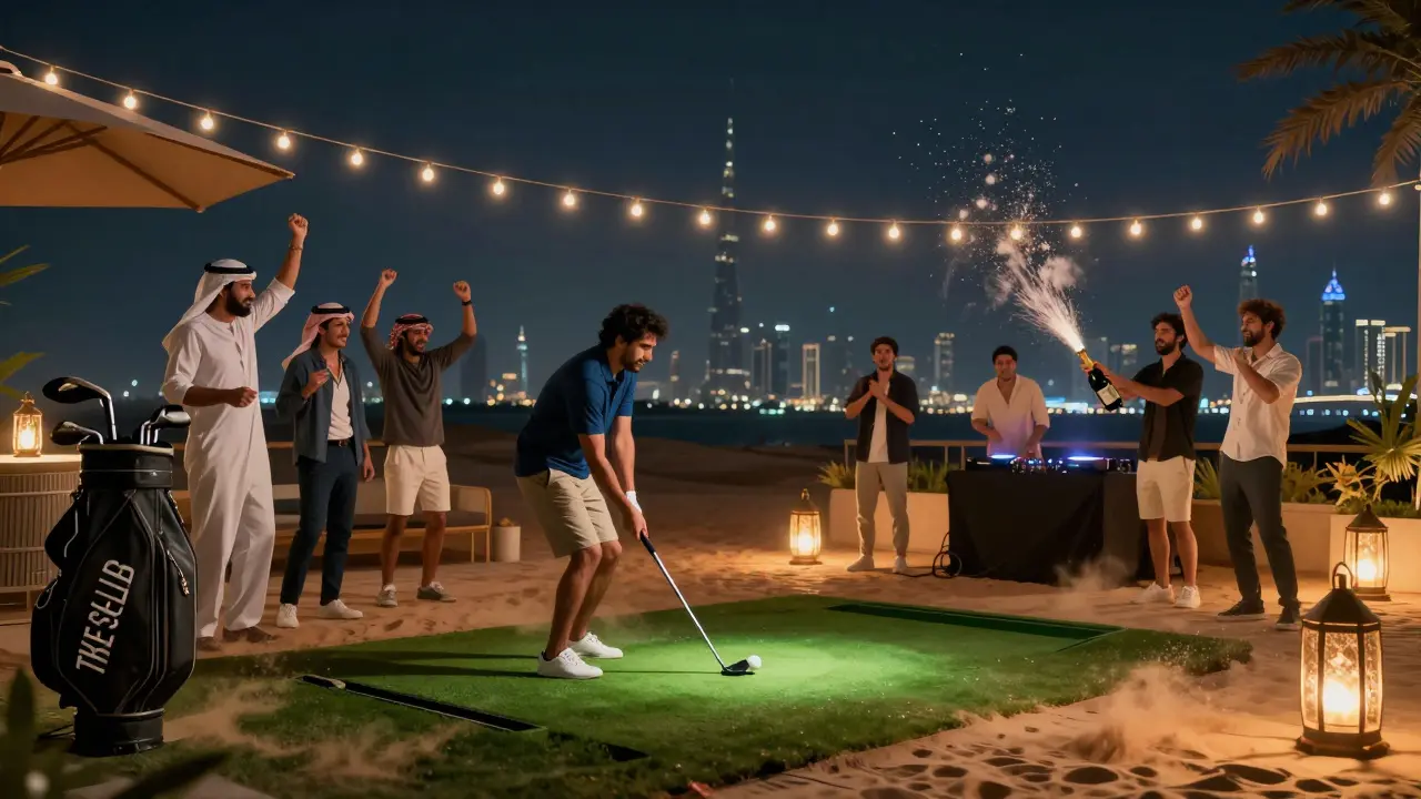 A bachelor party at The Els Club Dubai at night, with a DJ, champagne popping, and golfers cheering under string lights.