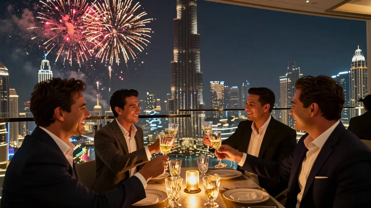 A bachelor party celebrating New Year’s Eve at the Burj Khalifa’s At.mosphere restaurant with fireworks lighting up the skyline.
