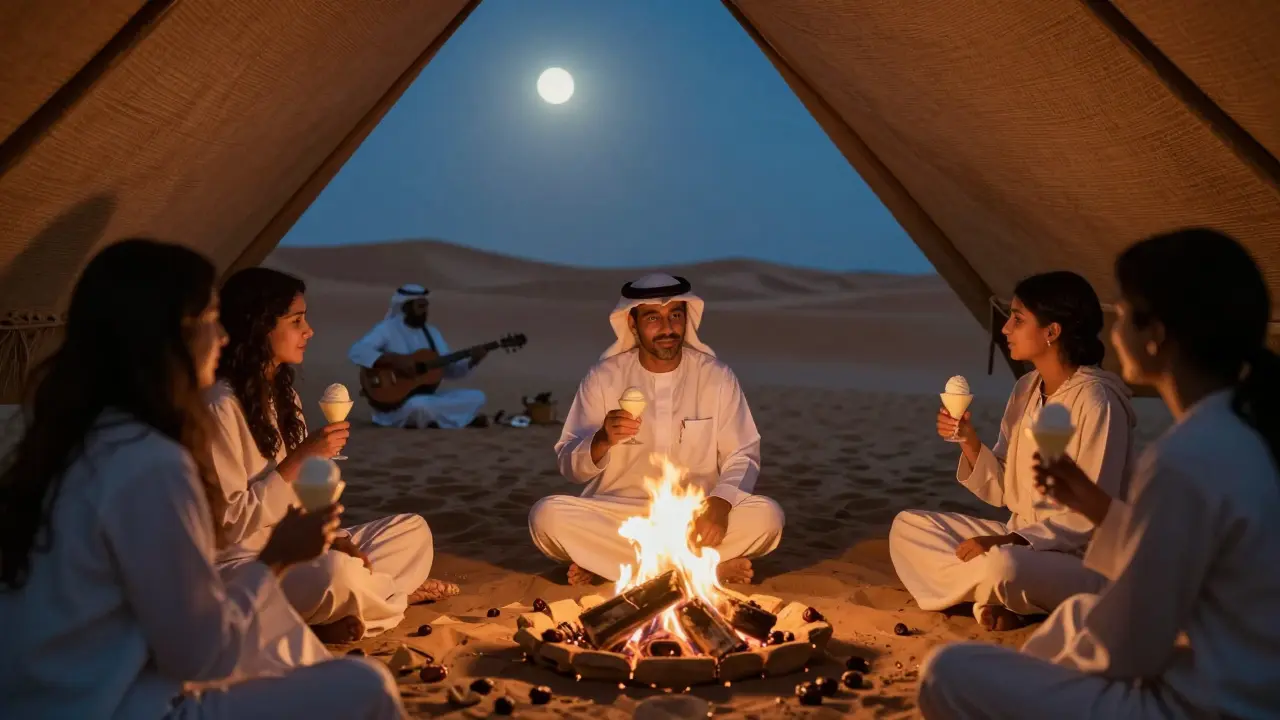 A Bedouin storyteller by a fire in a desert tent, guests enjoying dates and camel milk ice cream.