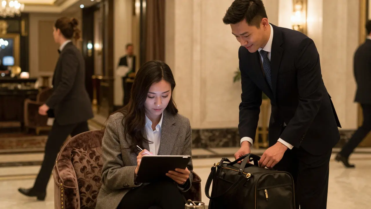 A client and escort sharing a quiet, appreciative moment in a luxury hotel lobby after a successful encounter.