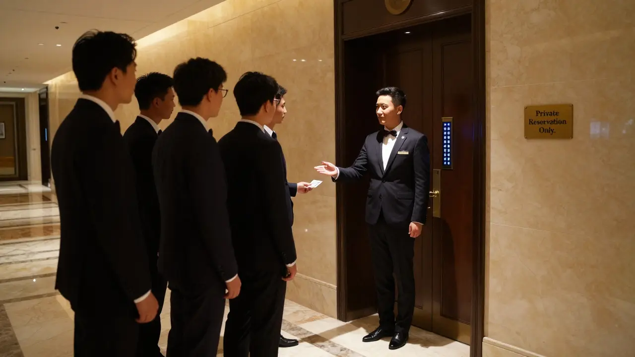 A concierge hands a coded access card to a group of men in a luxury hotel hallway, hidden door with keypad, discreet and exclusive.