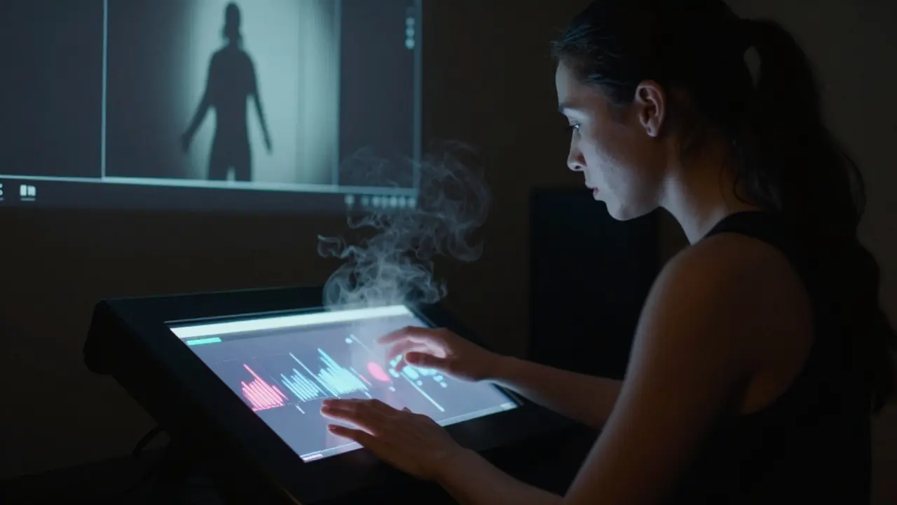 A dancer uses a control panel to adjust lighting, scent, and music in her private performance space.