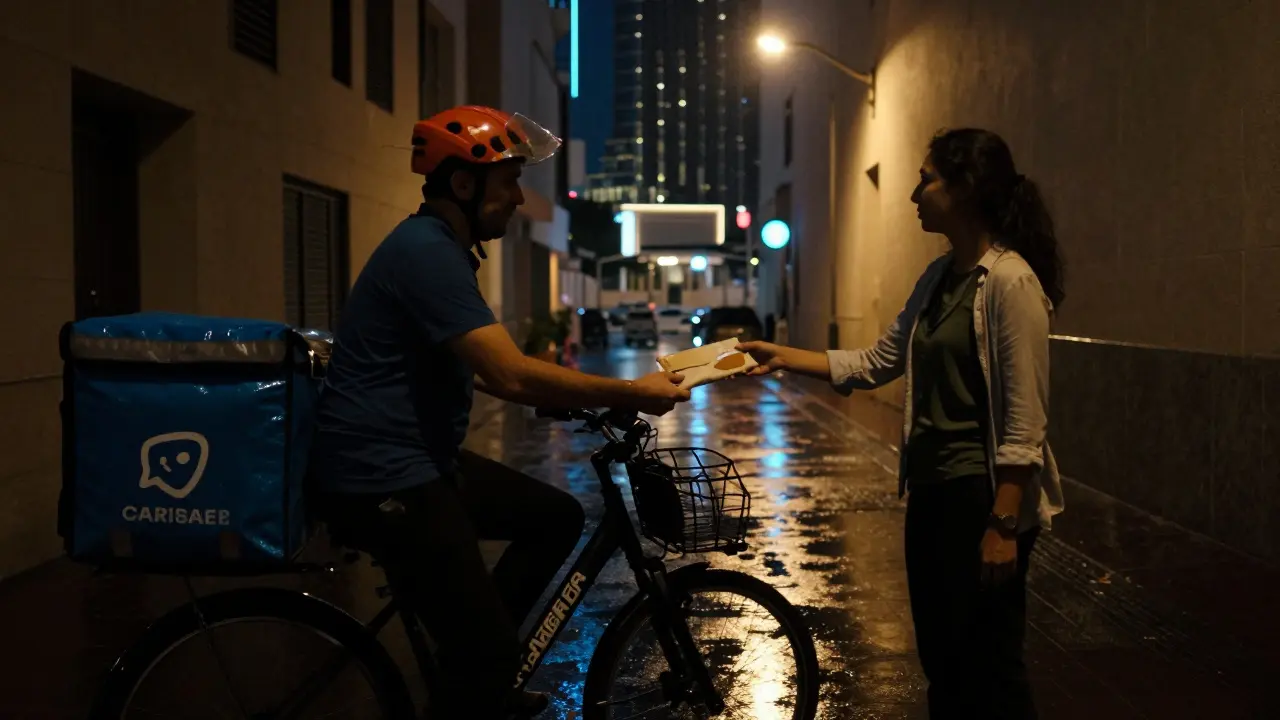 A delivery rider hands an envelope to a woman in a Dubai alleyway under a flickering streetlight, a covert transaction in progress.