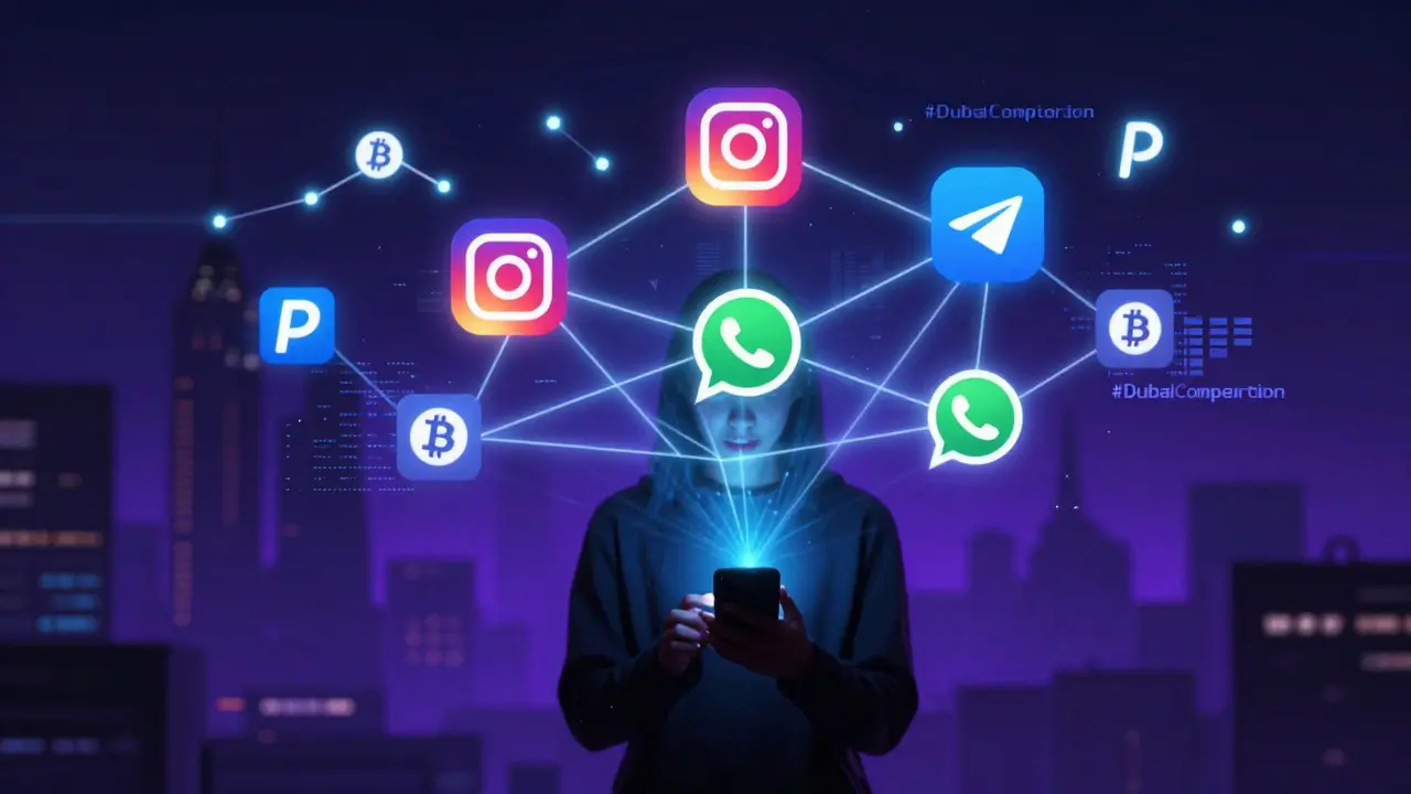 A digital network of encrypted apps and crypto payments floats around a shadowy figure, symbolizing hidden online sex work in Dubai.