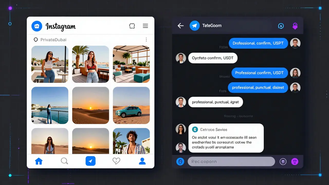 A digital split-screen showing curated Instagram posts and encrypted Telegram messages about discreet companionship services.