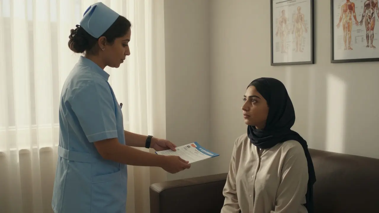 A female nurse in a Dubai clinic handing a confidential sexual health brochure to a young woman during a private consultation.