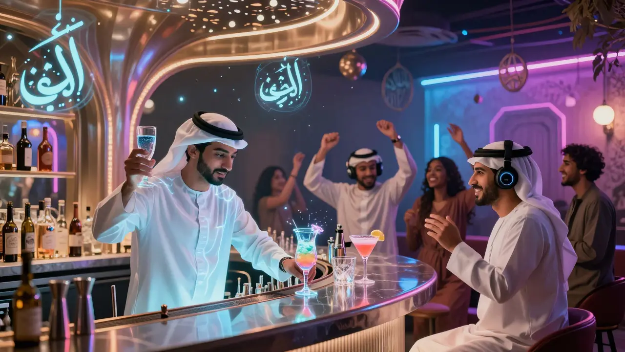 A futuristic bar with holographic bartender and diverse patrons, blending traditional and tech elements.