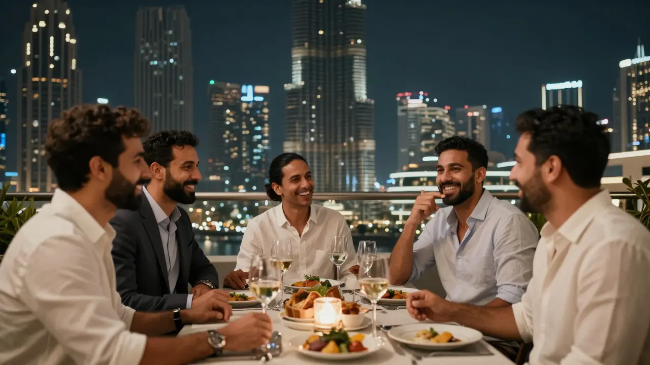 A group of expat men enjoy a rooftop dinner in Dubai, laughing and conversing under city lights.