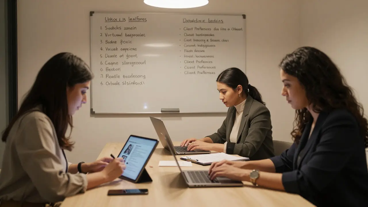 A group of independent workers in Dubai collaborating in a co-working space, managing client communications and digital safety.