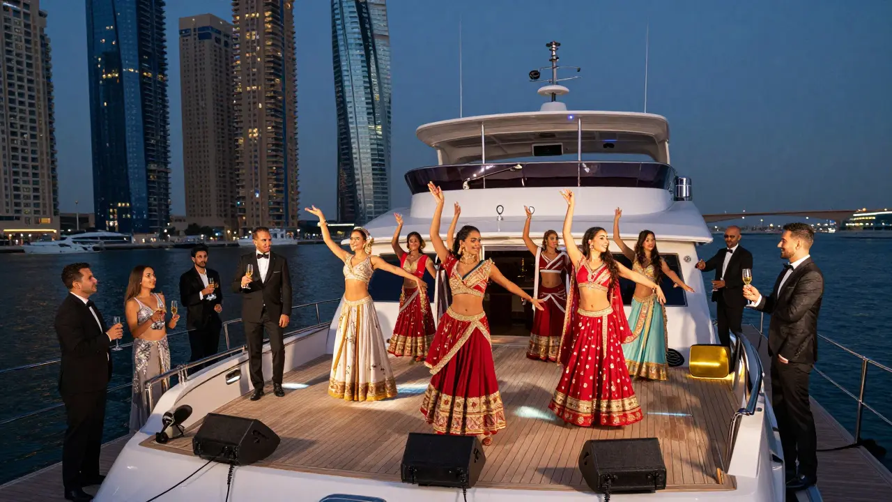 A group of men celebrate on a yacht at dusk while dancers perform an elegant choreographed routine, themed costumes, Dubai skyline in background.