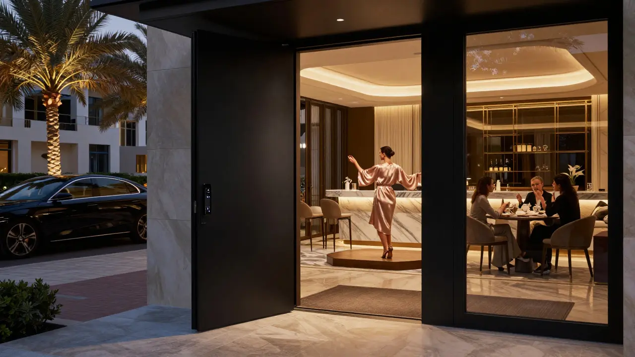 A hidden entrance to an exclusive Dubai members' club, with a biometric scanner and discreet luxury ambiance inside.