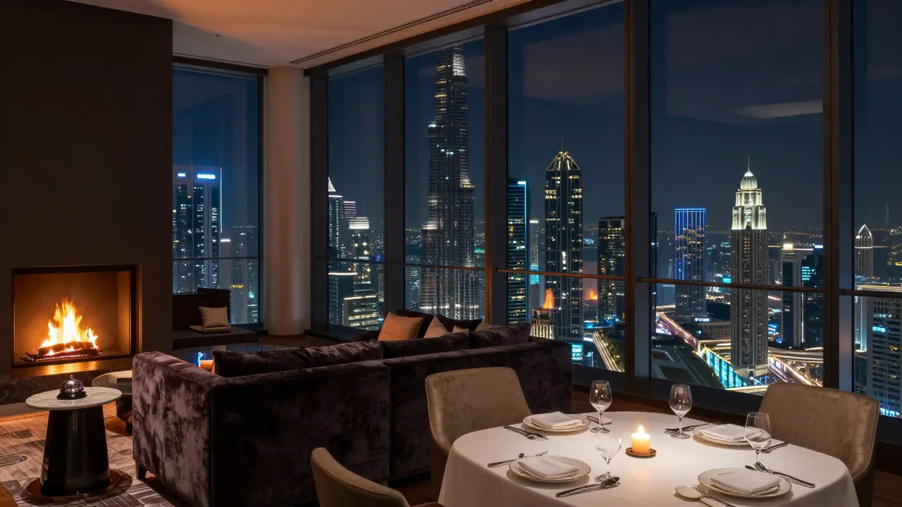 A lavish penthouse suite in Dubai with a glass wall overlooking the city skyline, a glowing fireplace, and an empty dining table.