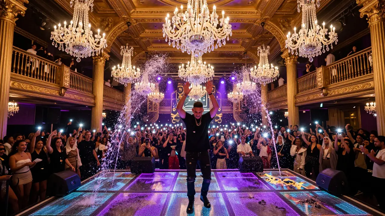 A luxurious golden club with chandeliers, confetti, and a DJ performing as guests celebrate with champagne.
