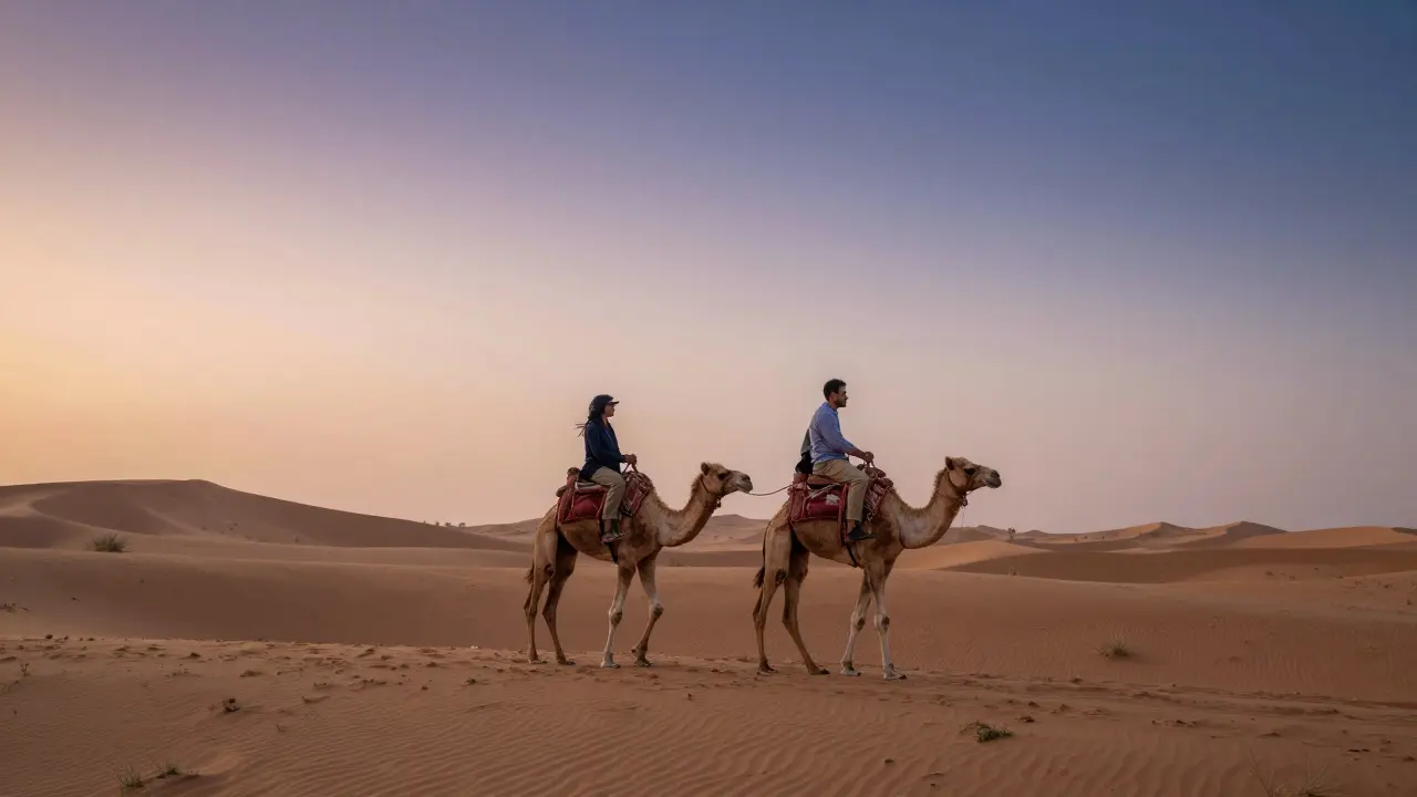 A male escort and client ride camels together across desert dunes at dawn, surrounded by serene natural beauty.