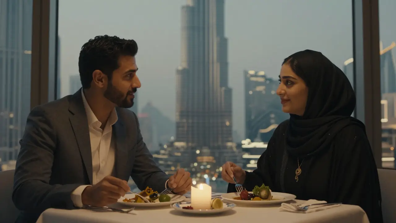 A man and woman having a quiet dinner in a Dubai restaurant with Burj Khalifa in view.