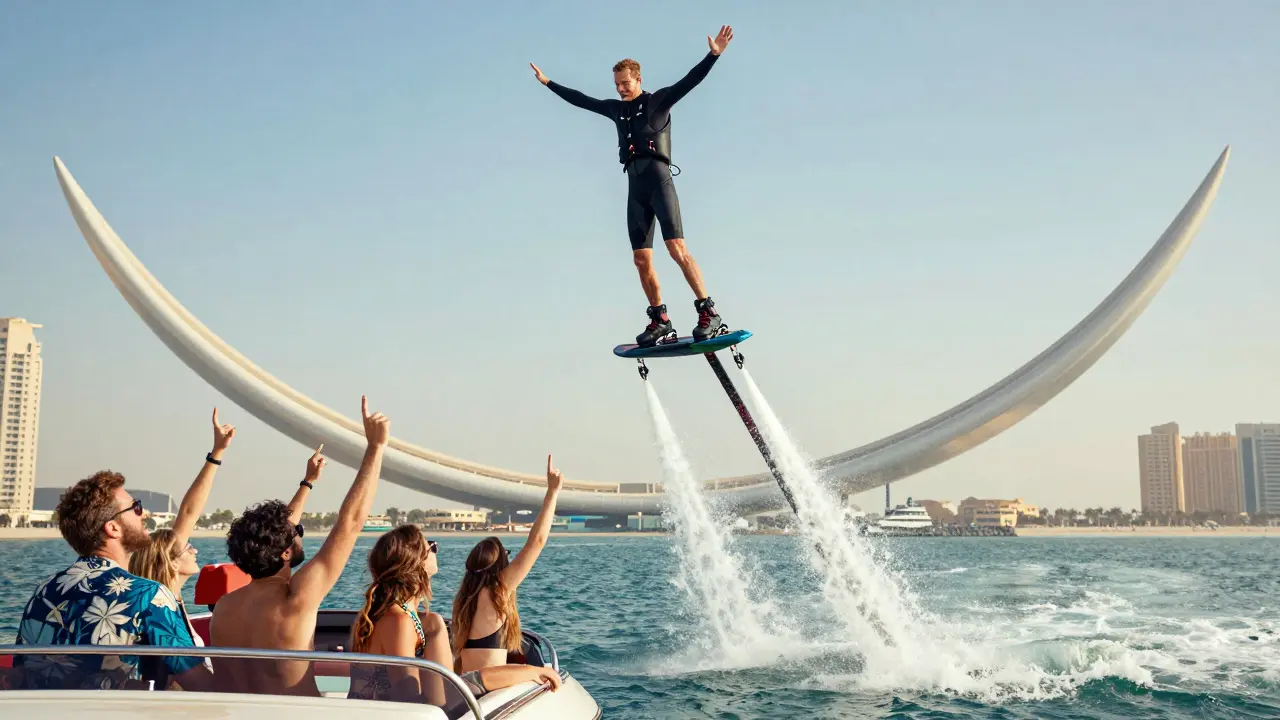 A man flyboarding high above the water with water jets below, group cheering from a speedboat on the ocean.