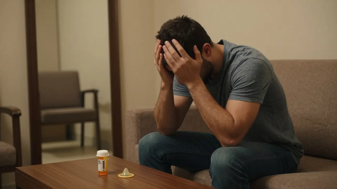 A man in therapy sitting alone, Xanax bottle and unopened condom on table, symbolizing emotional isolation.