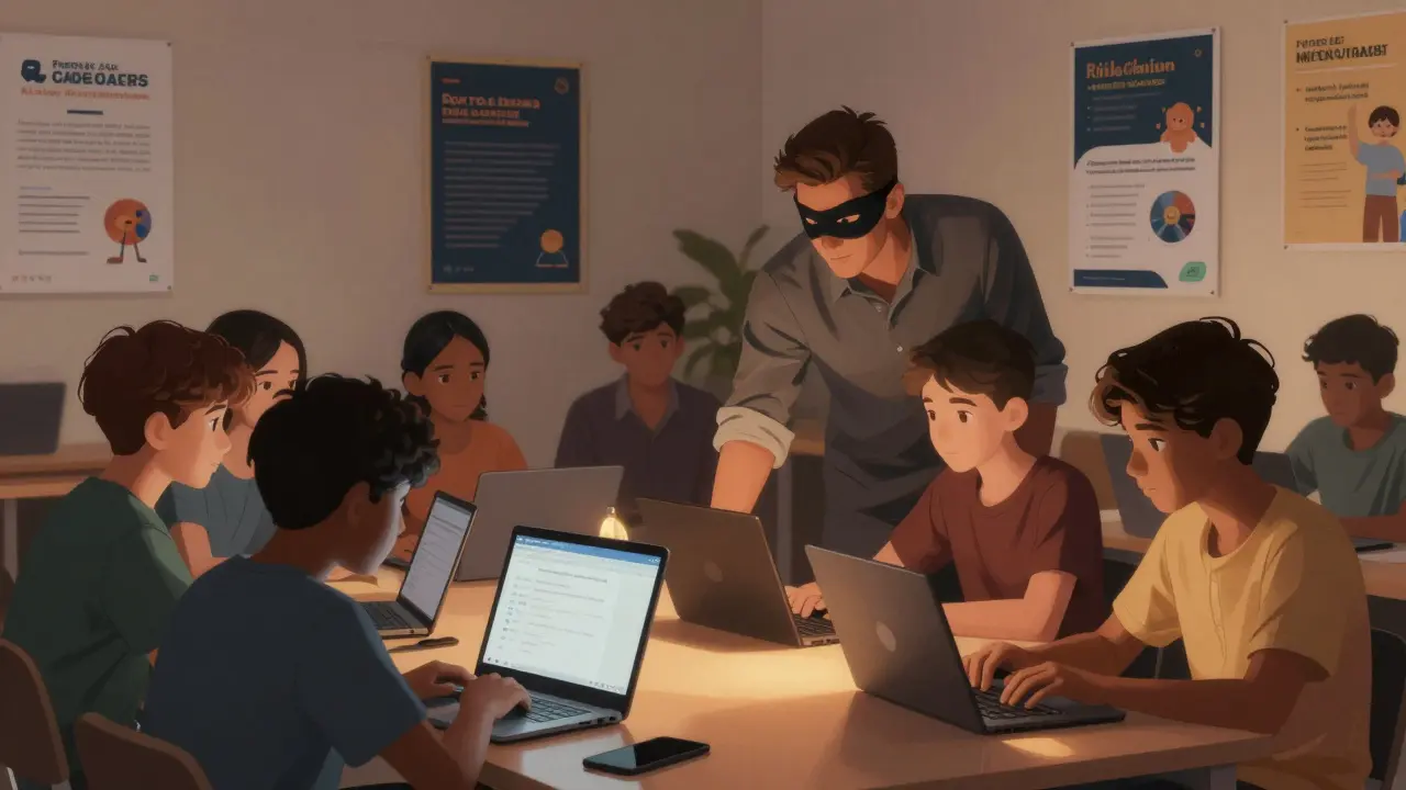 A masked volunteer teaches teenagers to use laptops in a warmly lit youth center, focused expressions of learning.