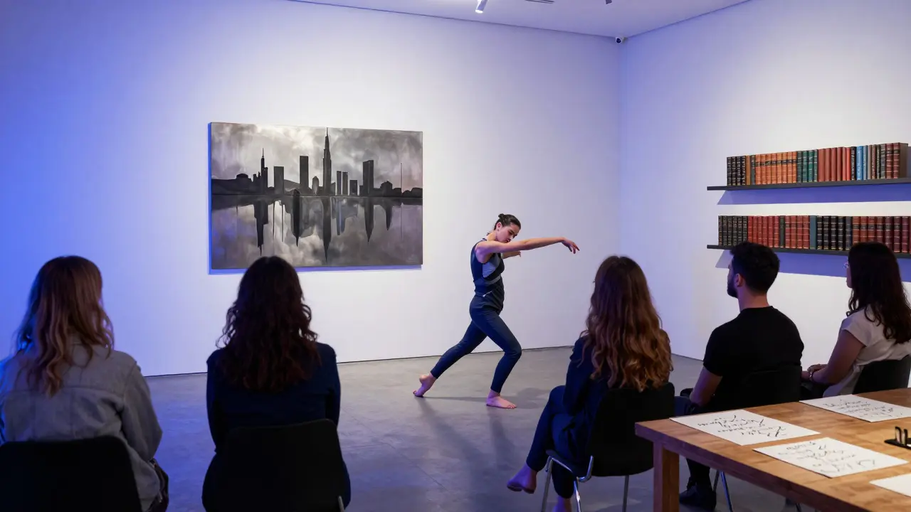 A minimalist art-inspired club where a dancer performs a restrained contemporary routine, with handwritten notes and rare books on display.