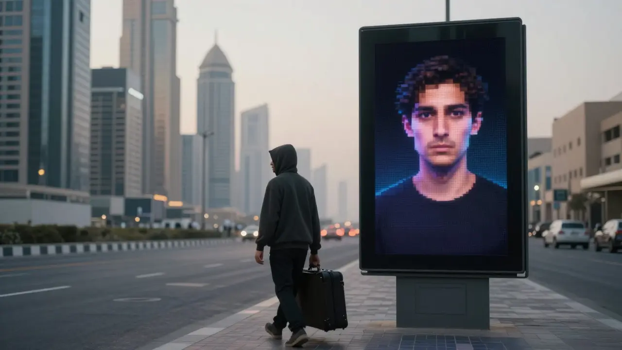 A person fleeing Dubai at dawn, their face digitally replicated on a distant billboard as the city looms behind.