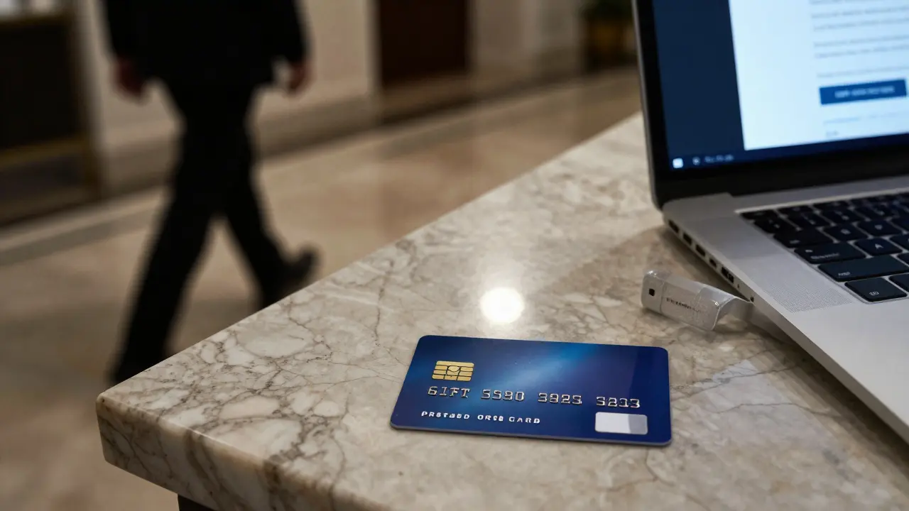 A prepaid card and gift card page on a laptop, with a shadowy figure walking away.