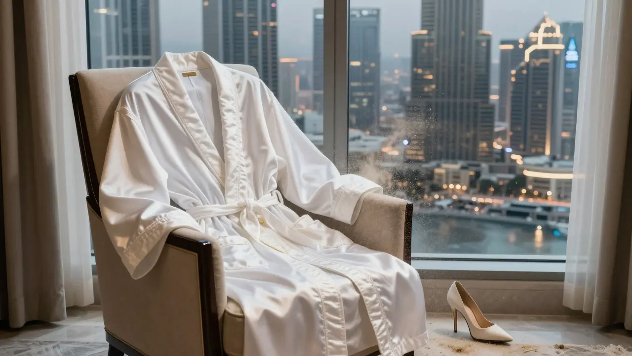 A pristine silk robe gathering dust in a hotel room, with a single high heel nearby, symbolizing Dubai's fading reputation.