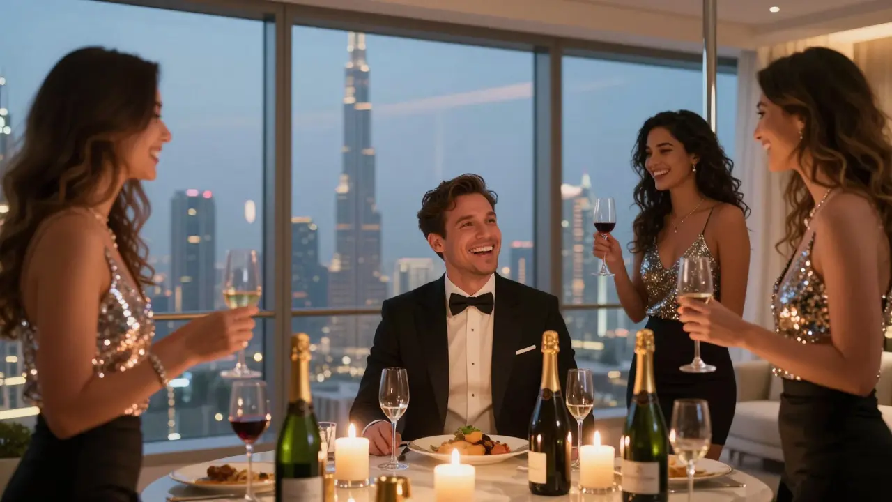 A private party in a penthouse with guests in formal attire, champagne, and no dancing or nudity — just laughter and luxury.