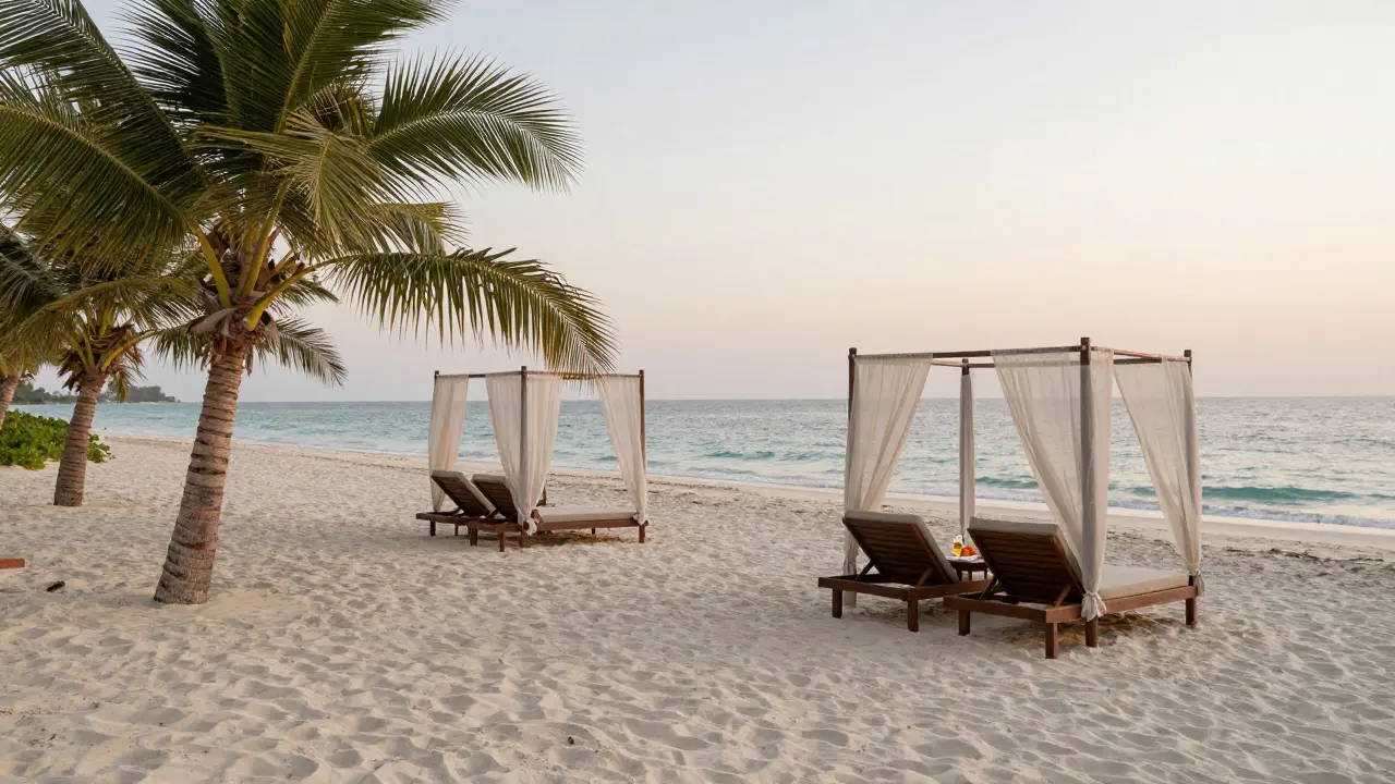 A private, untouched beach on Palm Jumeirah with sunbeds, palm trees, and calm waves under twilight skies.