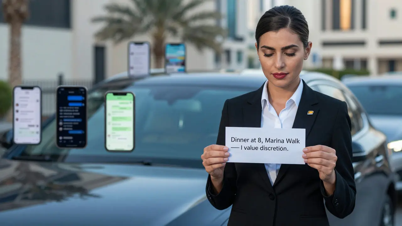 A professional escort in Dubai holding a note that emphasizes discretion, surrounded by blurred, chaotic text messages.