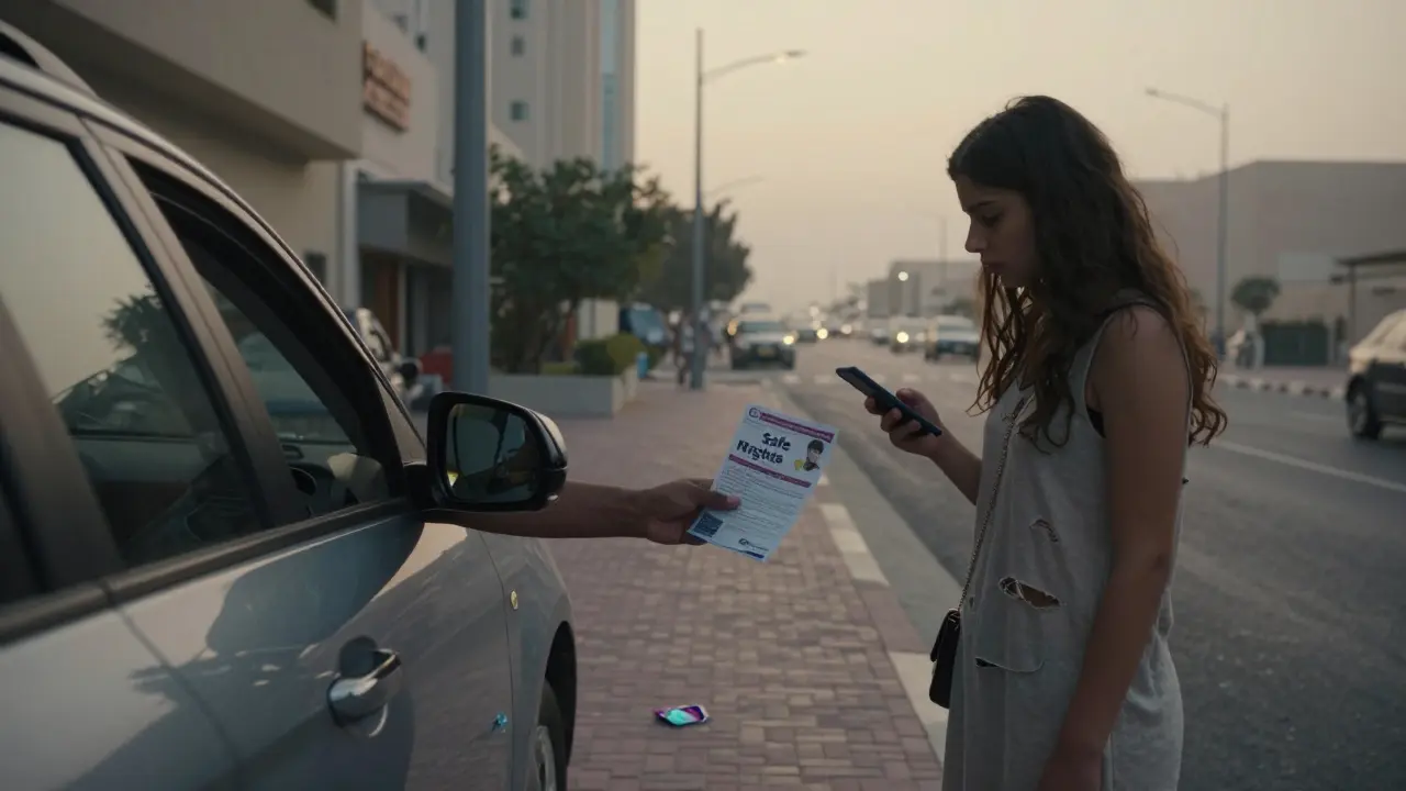 A ride-share driver offering help to a disoriented woman at dawn, condom wrapper on pavement, quiet street.