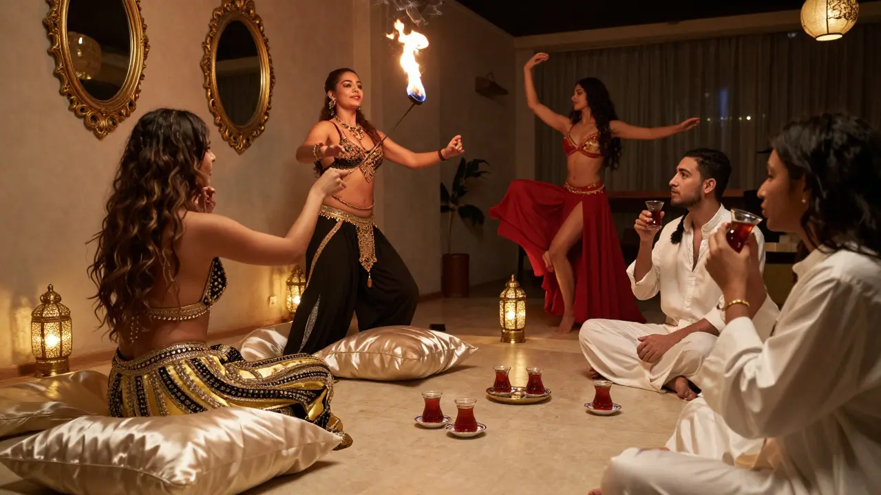 A sensual harem-themed performance with fire twirlers, silk fabrics, and tea service in an opulent Dubai lounge.