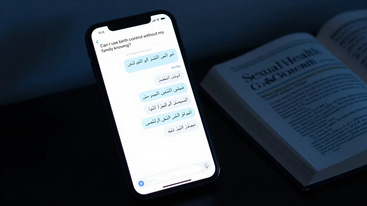 A smartphone screen showing anonymous Telegram chat messages about sexual health in Arabic, lit by soft blue glow in a dark room.