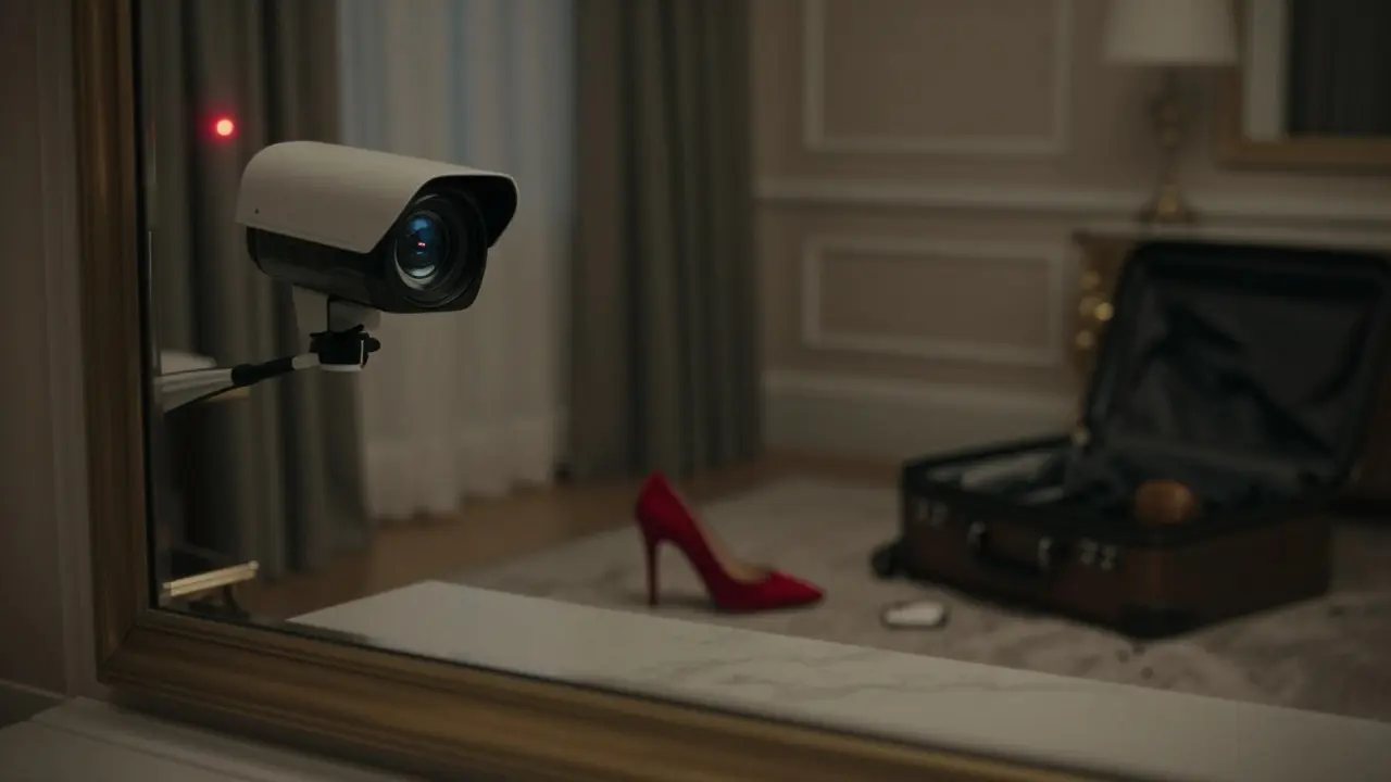A surveillance camera reflected in a hotel mirror, pointing at a discarded shoe and open suitcase.
