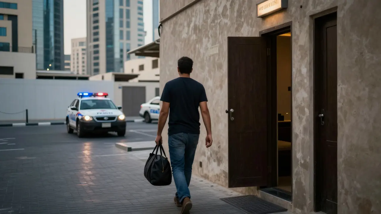 A tourist exiting a suspicious massage room as a Dubai police car waits nearby, symbolizing legal boundaries and personal safety.