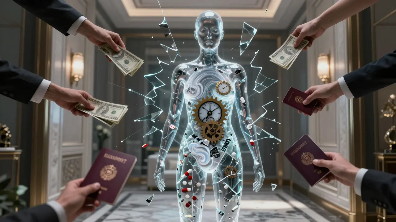A transparent figure made of glass contains drugs and clock gears, surrounded by hands pulling passports and offering money in a luxury penthouse.